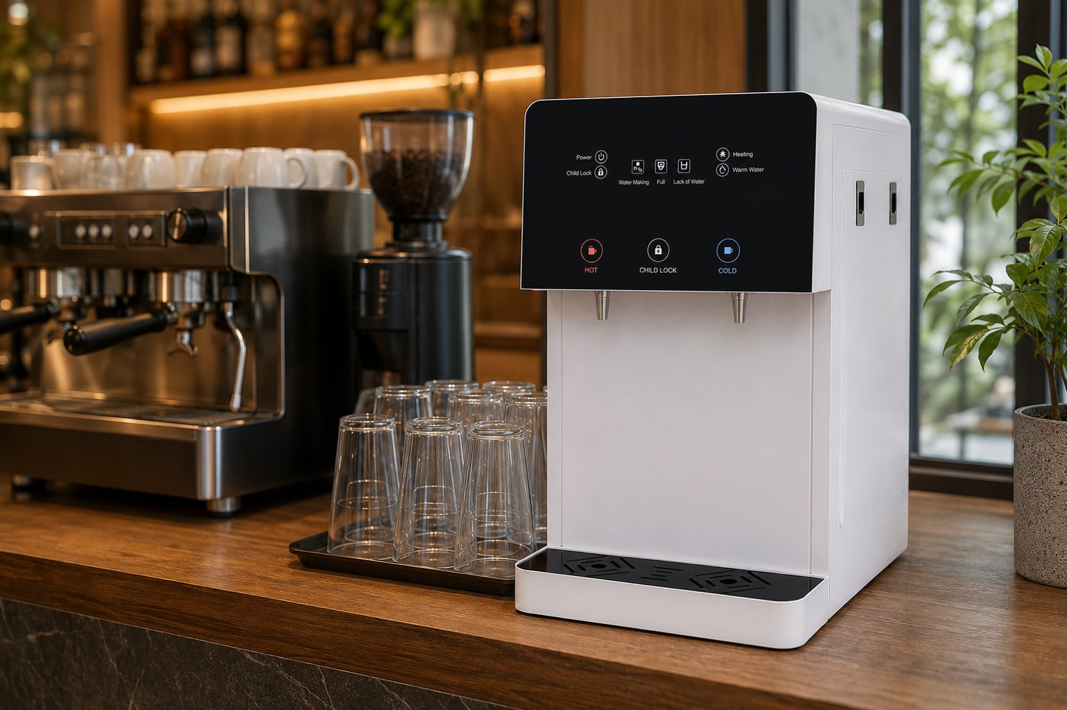 H2O Origin Fresca countertop hot, ambient and cold water dispenser on a cafe counter