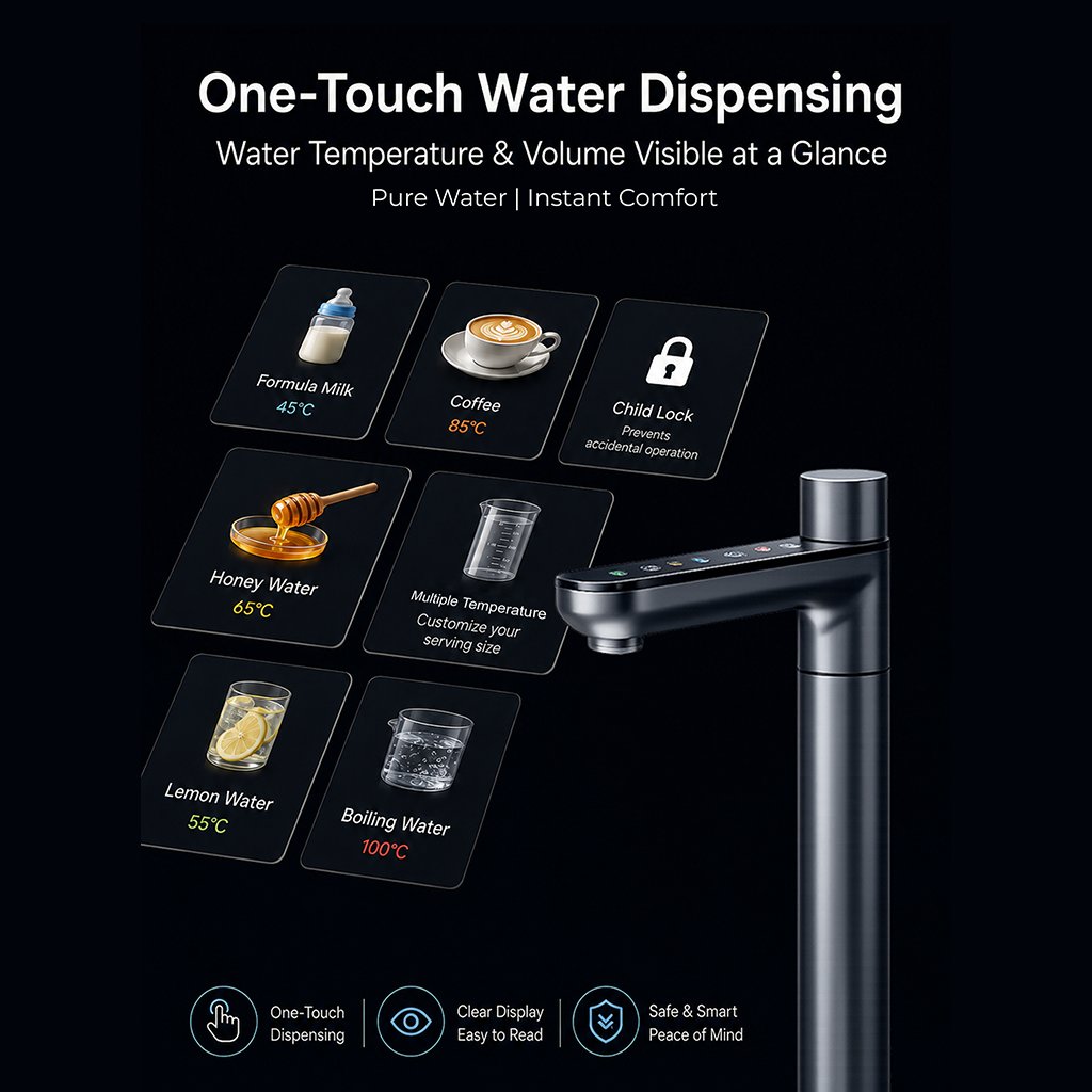Vera one-touch temperature presets: formula milk, coffee, honey water, lemon water, boiling